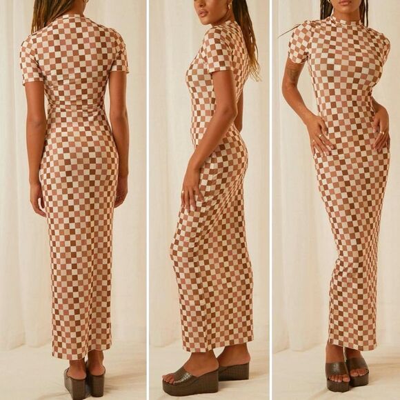NWT Peppermayo Into The City Mesh Maxi Dress Cocoa Cream Check Womens Size 6 NEW - Picture 7 of 16